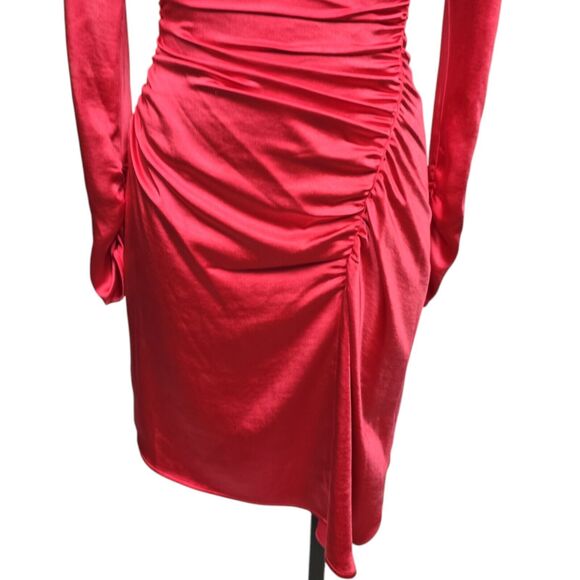NWT A.L.C. Joss Ruched Asymmetric Satin Dress Size 0 Pink Barbiecore Long Sleeve - Picture 9 of 13